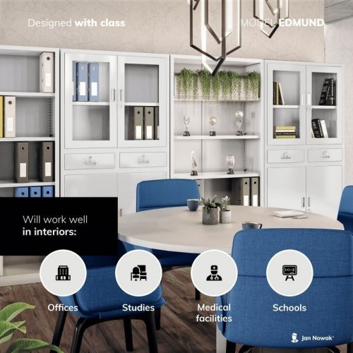 JAN NOWAK metallist kontorikapp klaasuksega sahtlitega EDMUND: hall