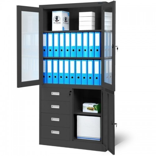 JAN NOWAK metallist kontorikapp klaasuksega ja sahtlitega WIOLA: antratsiit