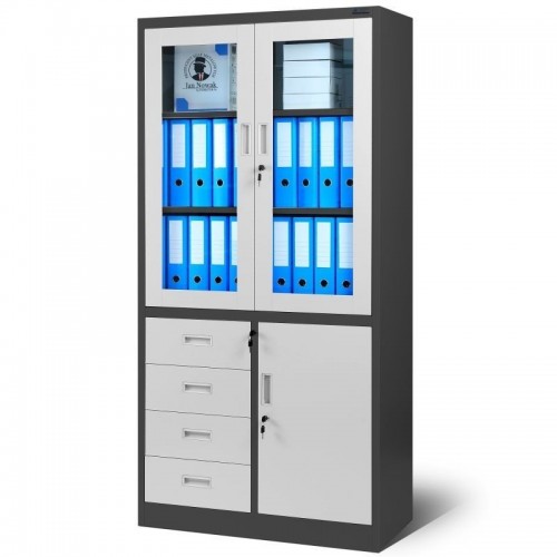 JAN NOWAK metallist kontorikapp klaasuste ja sahtlitega WIOLA: antratsiitvalge