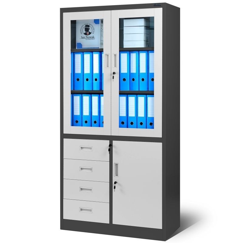 JAN NOWAK metallist kontorikapp klaasuste ja sahtlitega WIOLA: antratsiitvalge