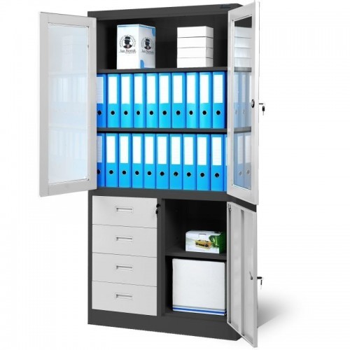 JAN NOWAK metallist kontorikapp klaasuste ja sahtlitega WIOLA: antratsiitvalge