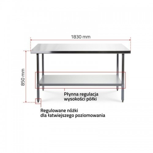 Töölaud 180x70 cm roostevabast terasest reguleeritava riiuliga