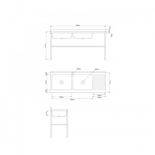 Kaheosaline valamu nõrutusrestiga 180 cm, roostevabast terasest vann reguleeritava riiuliga