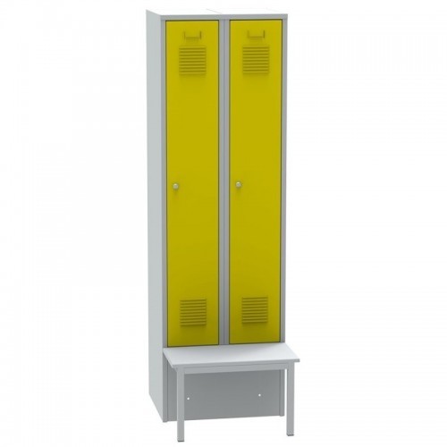 Kahe uksega metallkapp esiküljel oleva pingiga