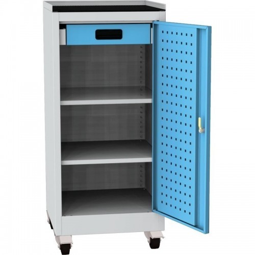 Töökoja tööriistakapp ratastel ja raamitud kummist töötasapinnaga