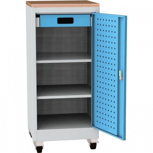 Töökoja tööriistakapp ratastel pöögist töötasapinnaga